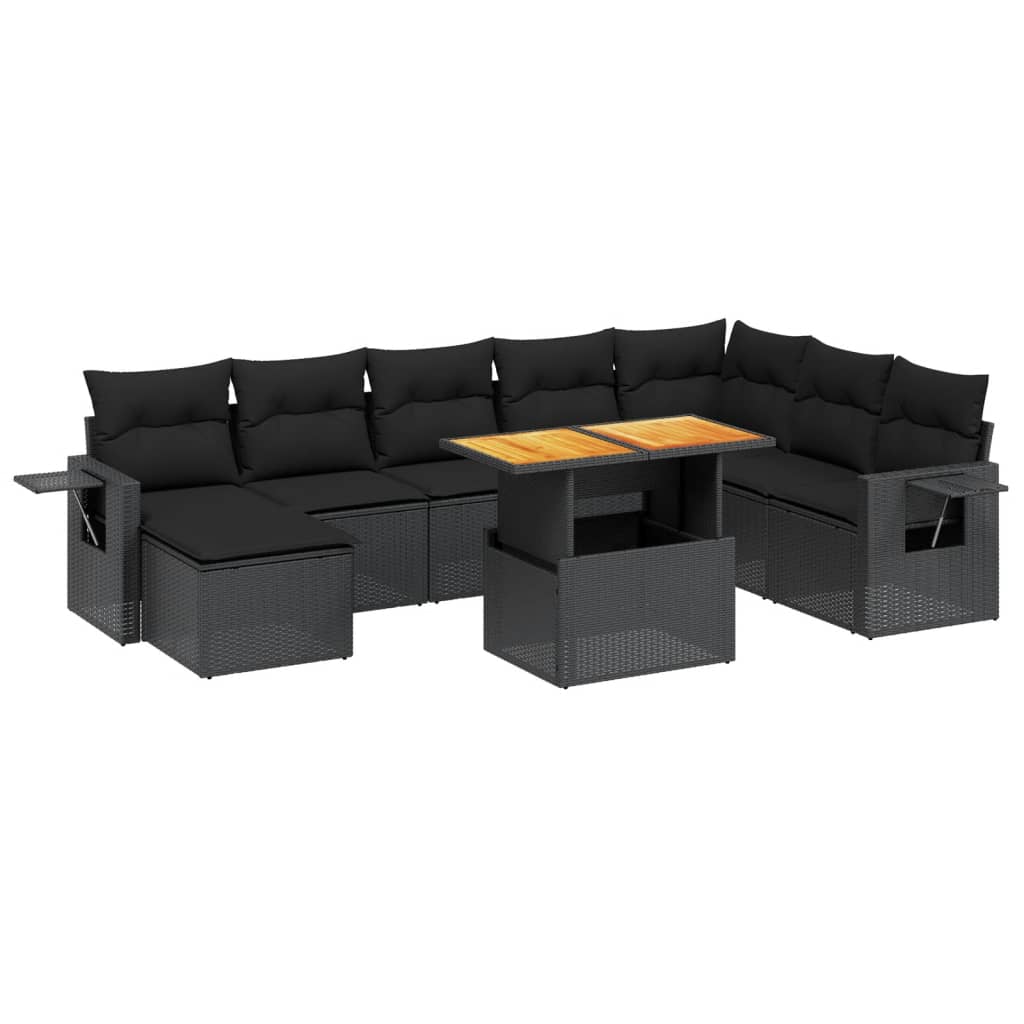 9-tlg. Garten-Sofagarnitur mit Kissen Schwarz Poly Rattan